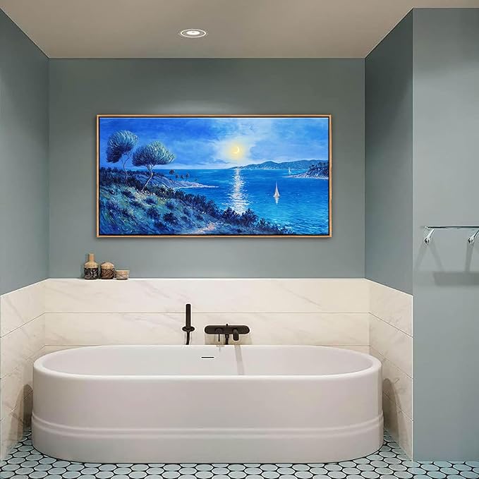 Large Painting Wall Art Blue watercolor Ocean Picture for Living Room Coastal Home Bedroom Decoration sailing boat Framed Artwork Decor 24×48IN