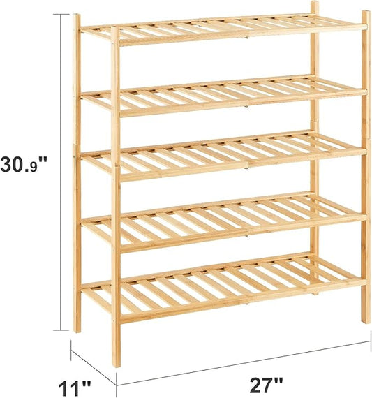 5-Tier Bamboo Shoe Rack for Entryway, Stackable | Heavy Duty | Multi-Function, Free Standing Shoe Racks for Bedroom Hallway Closet