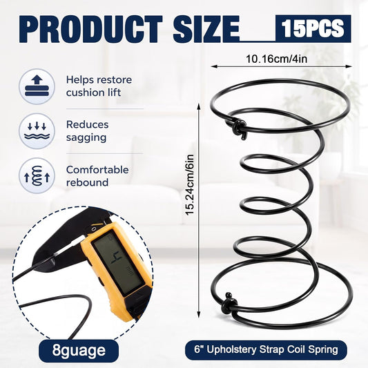 15 Pcs 6" Upholstery Strap Coil Springs Repair, 8 Gauge Wire, High Elastic Spring Replacement, Knotted Two Ends, Easy Hook-on Installation for Sofa Chair Seat Couch Furniture Repair & DIY