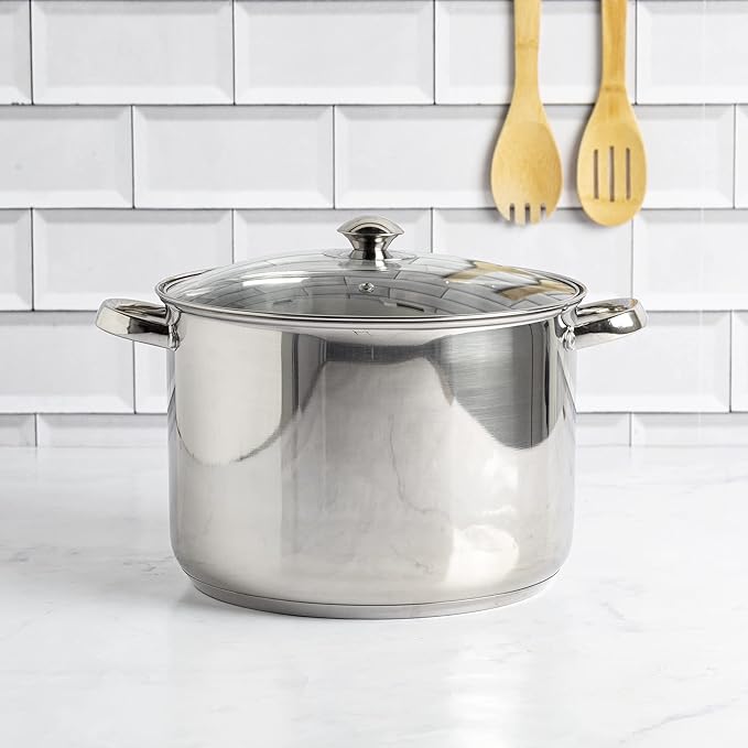 Ecolution Pure Intentions Stock Pot - Features Tempered Glass Lid, Stay-Cool Handles, and Encapsulated Bottom - Oven Safe - Curbside Recyclable Stainless Steel - 12 Quarts