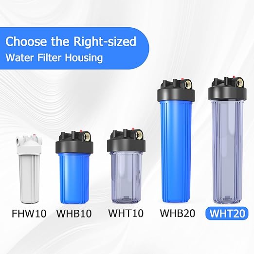 WHT20 Whole House Water Filter Housing, Fit 20"x4.5" Sediment etc Filters for Well and City Water, Big Filter Blue Pre-Filtration System for Home, 1" NPT Port, Pressure Release (Clear Housing)