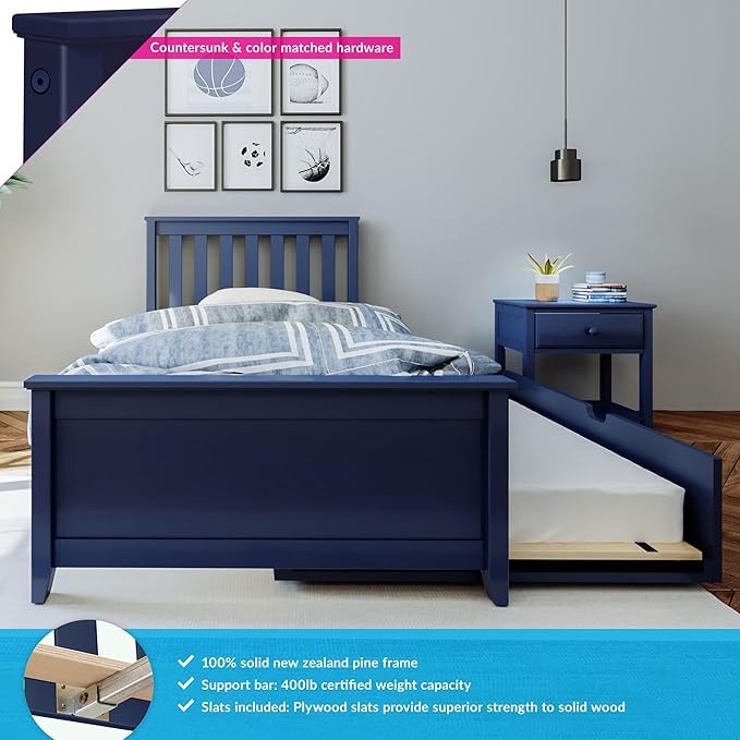 Max & Lily Twin Bed, Wood Bed Frame with Headboard For Kids with Trundle, Slatted, Blue
