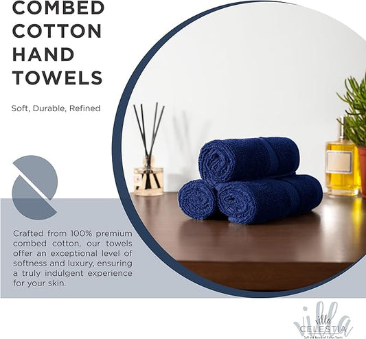 100% Cotton Hand Towel Set of 4, (16 x 28 inches) Sustainable, Soft, Highly Absorbent, Quick Drying, Combed Cotton Hand Towels Pack of 4 Ideal for Hotels, Spa, Bathroom, Dorm, Navy Blue