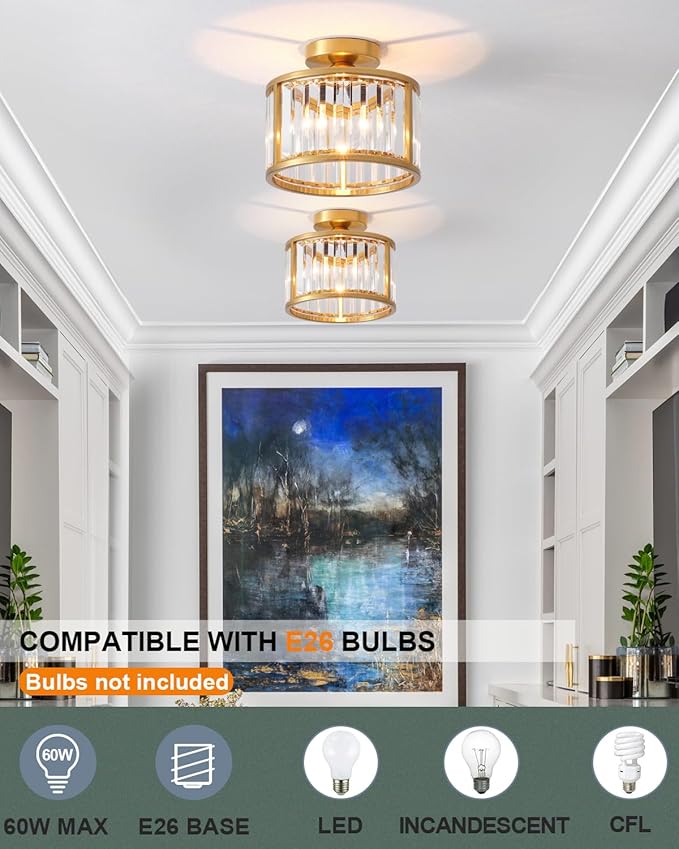 Black Flush Mount Ceiling Light, 2- Light Caged Crystal Chandelier, Small Drum Hallway Light fixtures Ceiling Mount (8.6 INCH Brass Gold(1-Light))