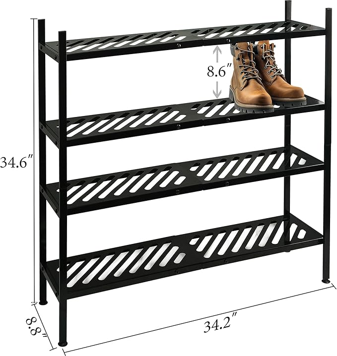 Shoe Rack, 4-Tier FreeStanding Shoe Shelf Stand, Stackable Shoe Storage Organizer for Closet, Holds up to 20-24 Pairs of Shoes for Entryway, Garage, Front Door Entrance, Metal, Black