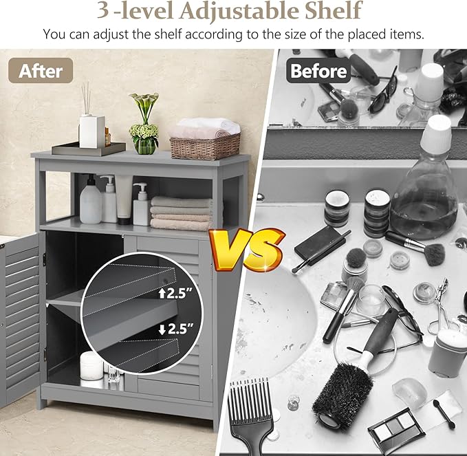 COSTWAY Bathroom Storage Cabinet, Wooden Side Storage Organizer with Louver Doors & Removable Shelf, Freestanding Floor Cabinet for Living Room, Kitchen, Entryway (Grey)