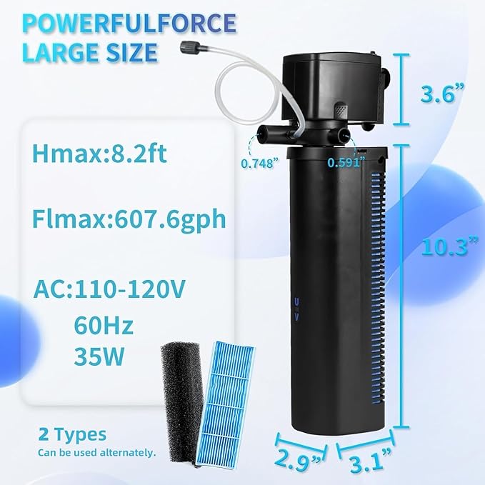 Aquarium U-V Filter Dual Spout 600GPH for Large 100-300 Gallon Fish Tank Silent Canister Internal Filter Cold Plunge Tub Koi Pond Filter, Green Clean Machine Deodorization for Saltwater Freshwater
