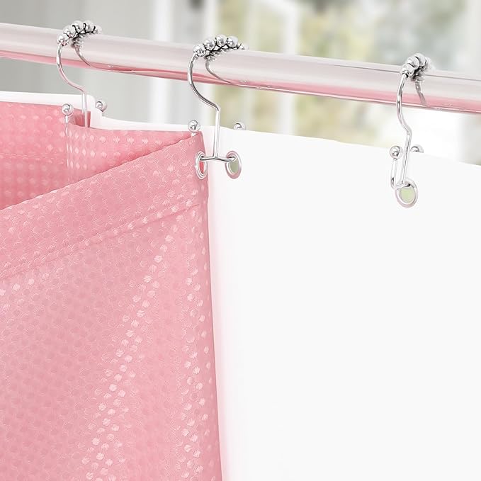 3 in 1 Long Pink Shower Curtain Set-72 W x 78 H, Modern Waffle and PEVA Liner Set with 12 Stainless Steel Hooks, Waterproof Fabric for Bathroom