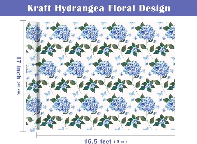 WRAPAHOLIC Kraft Hydrangea Floral Wrapping Paper Roll - Mini Roll - 17 Inch x 16.5 Feet - Hydrangea Flower Wrapping Paper for Wedding, Birthday, Bridal Shower, Tea Party