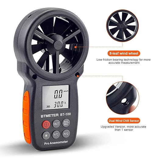 BTMETER BT-100 Handheld Anemometer, Digital Wind Speed CFM Meter Gauge Air Flow Velocity Tester for HVAC Shooting Drone, Wind Chill, 14℉-113℉ Wind Temperature
