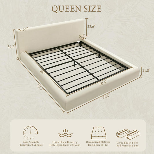 XIAO WEI Queen Cloud Bed Frame, Upholstered Platform Bed Frame with Headboard, 5.9" Thick Fully Padded Frame, Warm Ivory Ribbed Chenille Fabric, Noise-Free, No Box Spring Required, Easy Assembly