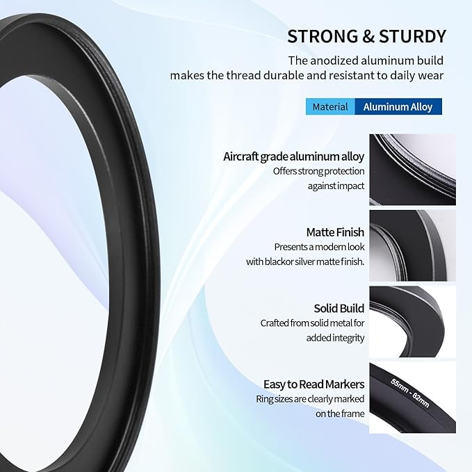 55-82mm Step-Up Ring Adapter, 55mm to 82mm Step Up Filter Ring for 55mm Lens Mount 82mm for DSLR Lenses and ND UV CPL IR Filters (55-82mm)