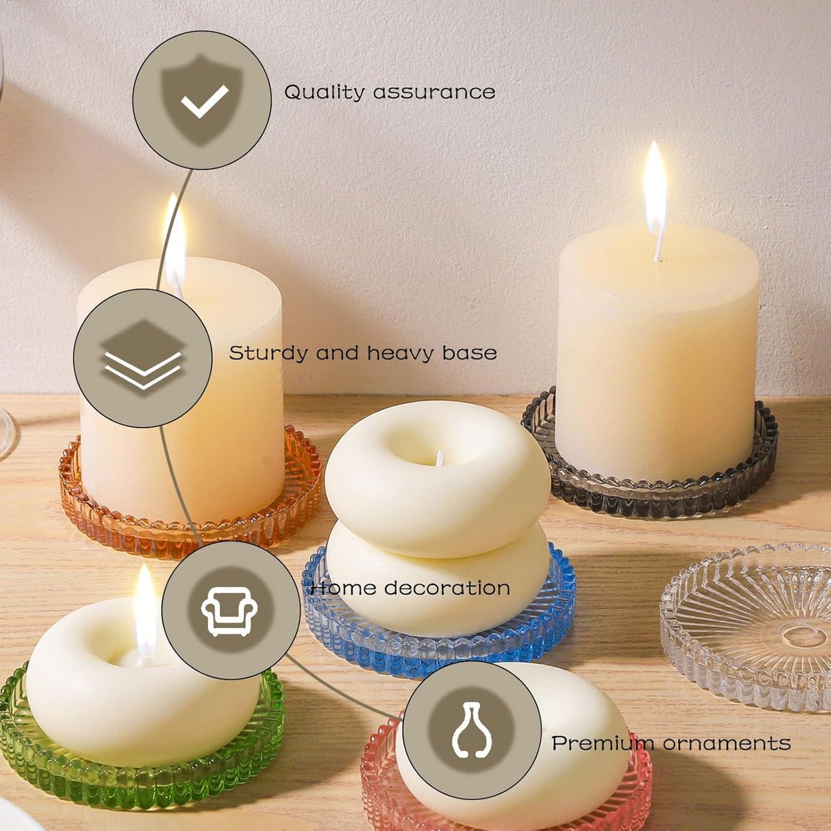 2 Pack Glass Pillar Candle Holders 4 Inch Ribbed Edge Design Decorative Candle Plate with Serrated Edges Clear Green Display Stand for Wedding Home Decor Table Centerpieces