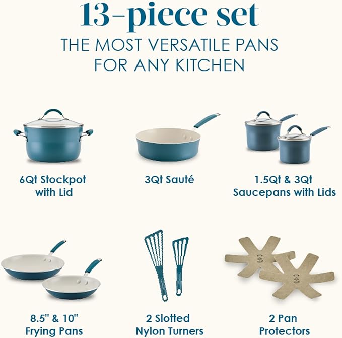 Rachael Ray Cucina Ceramic Cookware Set - 13 Pieces - Ceramic Pots and Pans Set w/Nonstick Frying Pans, Saute Pan, Saucepans, Stockpot, Lids, Pan Protectors & Cooking Utensils - Marine Blue