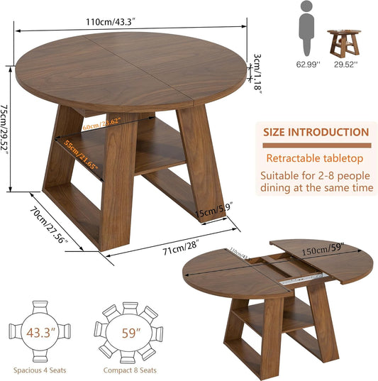 43.3in-59in Extendable Round Dining Table for 4-8, Modern Kitchen Oval Dining Table with Removable Leaves Space Saving, Wood Base with Storage Shelf for Kitchen Living Room, Walnut Style 2