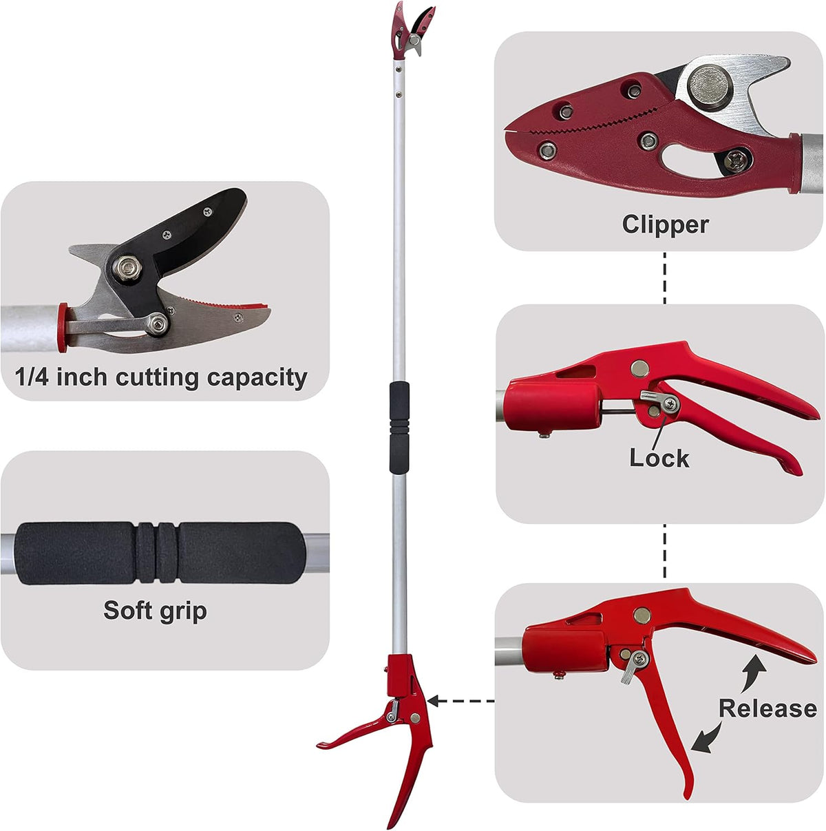 Tree Trimmer, 4 Foot Pole Pruner, Long Reach Pruning Shears, Cut and Hold Garden Clippers, Aluminum Lightweight Handle Fruit Picker, Branch Bypass Loppers