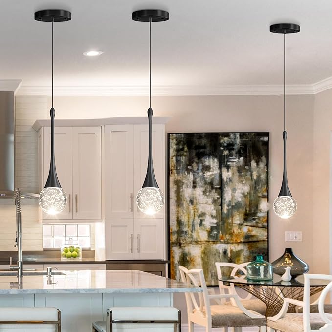 Modern Pendant Lights for Kitchen Island LED Dimmable Crystal Glam Ceiling Pendant Lighting for Dining Room Hallway Bedroom Corner Lamp Black