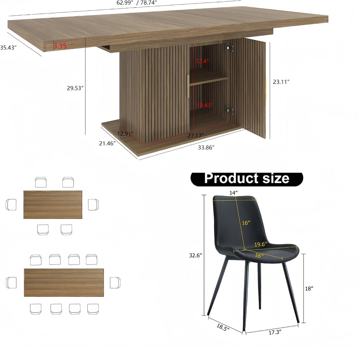 7 Piece Extendable Dining Table Set for 6, 63-79 Inch Brown Kitchen Table Set with 6 Black PU Leather Chairs,Farmhouse Wood Expandable Storage Cabinet Dining Room Table Set 6 for Kitchen Dining