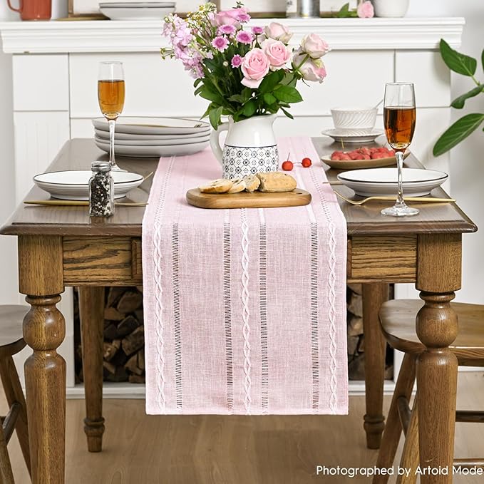 Artoid Mode Pink Rustic Cotton Linen Table Runner, Seasonal Embroidered Hollow Kitchen Dining Table Decoration for Home Party Decor 13x60 Inch