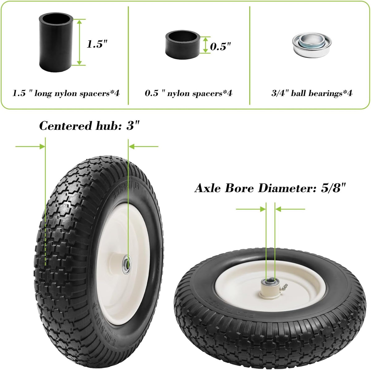 Parts Camp 4.80/4.00-8" Flat Free Wheelbarrow Tire and Wheel - 16" Universal Fit for Garden Wagon, Cart, Trolley, Dolly - 5/8" & 3/4" Bearings, 3" Centered Hub (2 Pack)