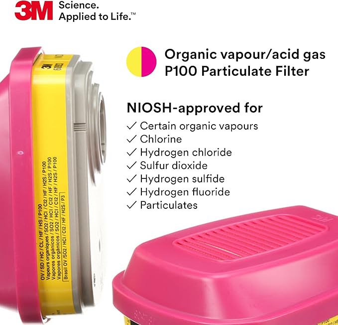 3M P100 Respirator Cartridge/Filter 60923, 1 Pair, NIOSH Approved, Helps Protect Against Organic Vapors, Acid Gases, and Particulates, Magenta, Yellow