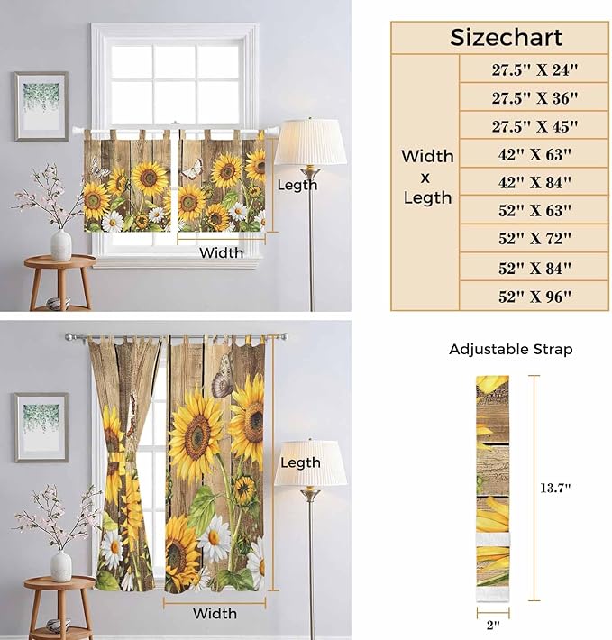 Farmhouse Sunflowers Bedroom Curtains 63 Inch Length, Window Curtains Tab Top, Rustic Floral Buttterfly Wood Board Brown Light Filtering Window Treatments Drapes 42"x63" 2 Panel