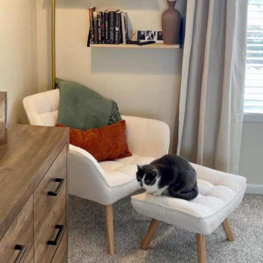 White Sherpa Accent Chair with Ottoman ,Modern Reading Chairs with Ottoman Set, Comfy Fuzzy Armchair Living Room Chair Lounge Chair with Wood Legs for Small Spaces Bedroom Apartment