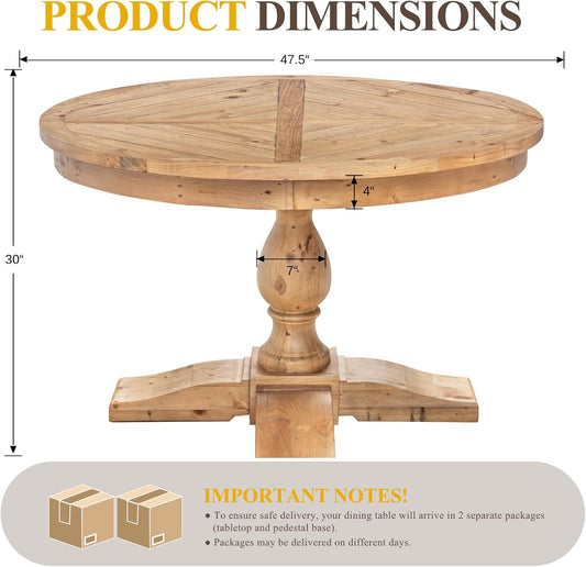 47" Round Dining Table with Wooden Pedestal Base, Reclaimed Pine Wood Dinner Table for 4, Heavy Duty Pedestal Table for Kitchen/Dining Room/Living Room/Restaurant, Natural