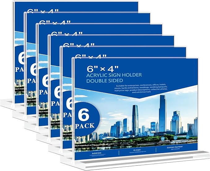 Acrylic Sign Holder 6x4 - 6 Pack Clear Tabletop Sign Holder Horizontal Plastic Picture Frames, Double Sided T Shape Display Stand Vendor Booth Display Items for Store,Restaurants,Hotels,Office