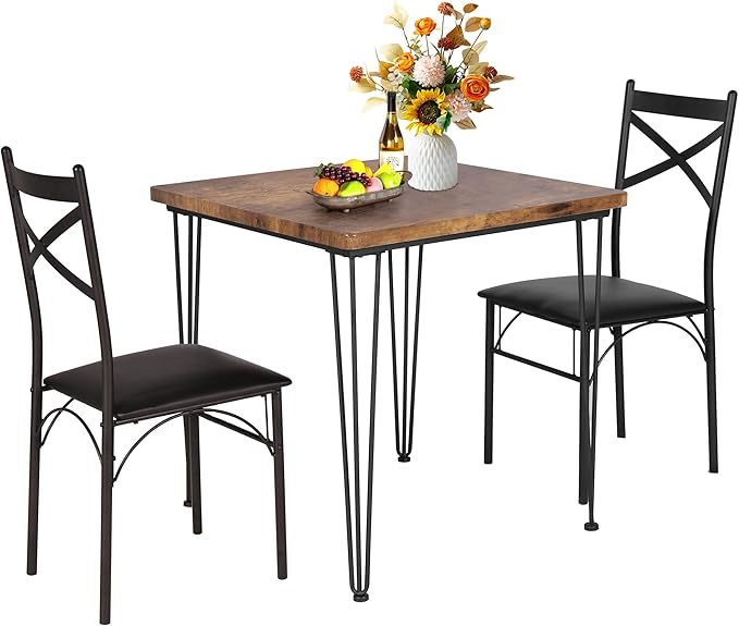 VECELO Kitchen Dining Room Table Set with 2 Chairs for Small Space, Apartment,Metal Steel Frame