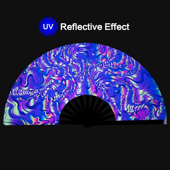 UV Glow Rave Fan, Bamboo Folding Clack Hand Fans Foldable for Men Women, Boots on the Ground Poping Fan for EDM Festival Line Dance Decoration, (Waves-2, Medium 11")