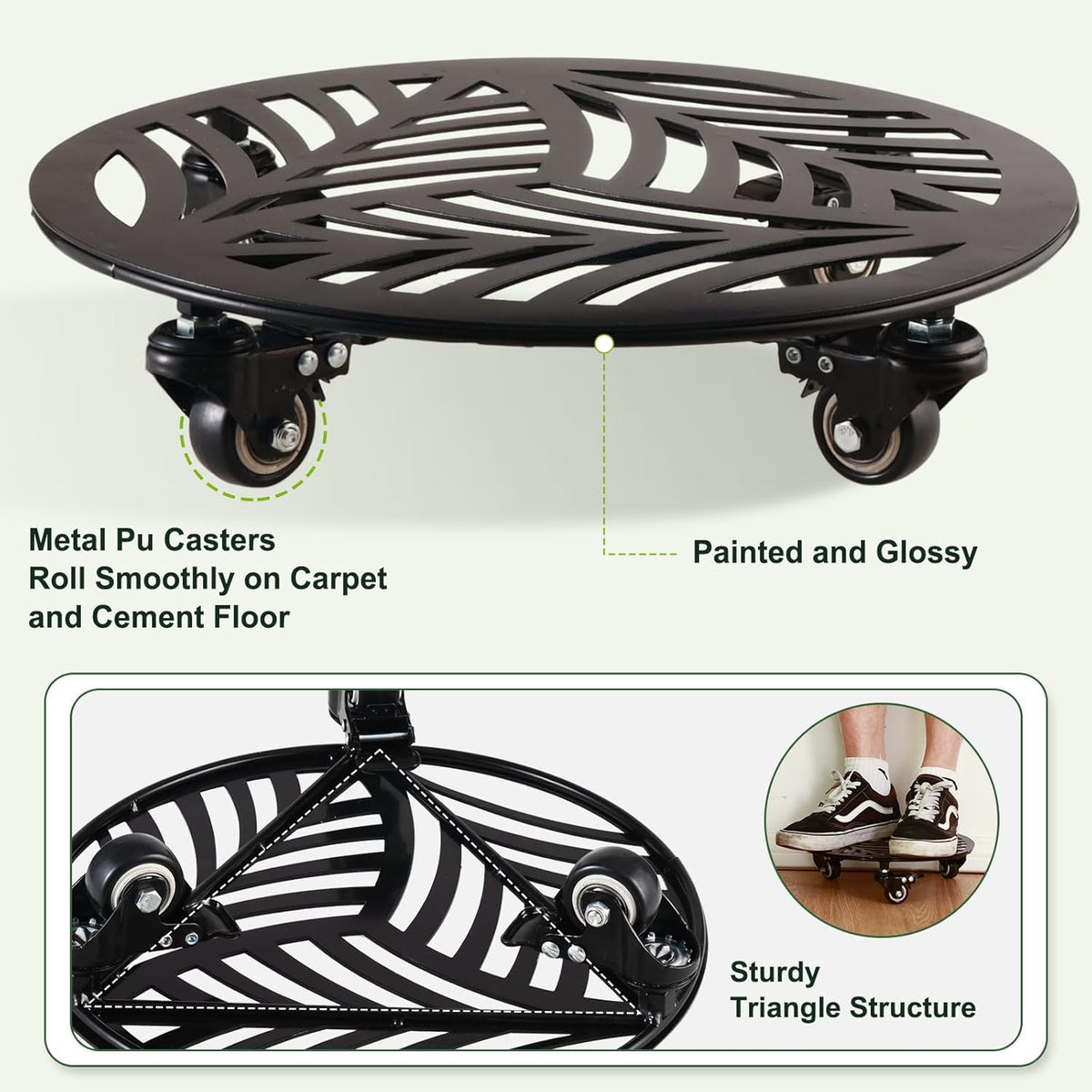 3 Packs Metal Plant Caddy with 3 Metal PU Wheels 12” Heavy-duty Wrought Iron Rolling Plant Stands with Casters Indoor and Outdoor Plant Pot Roller Base Plant Dolly Coaster Movers Black
