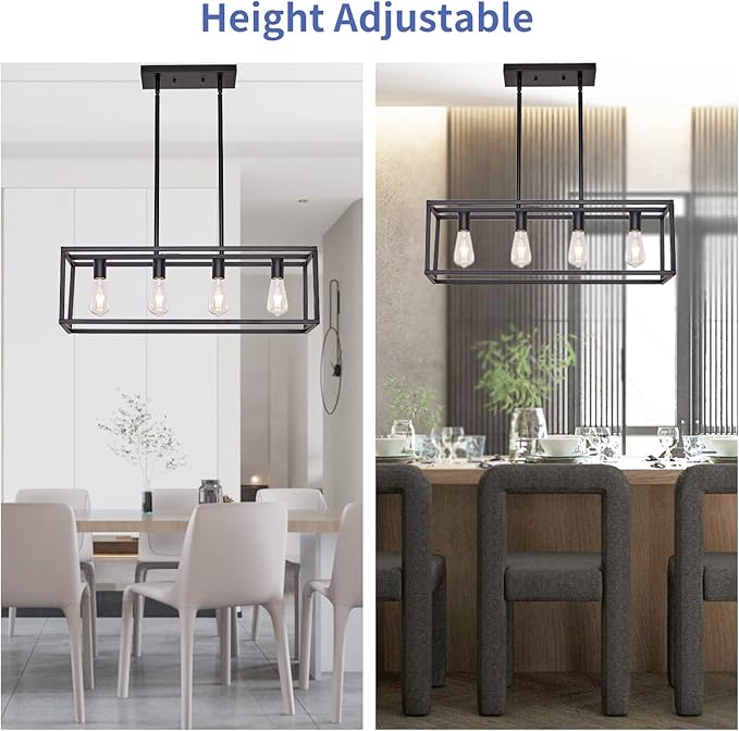 Farmhouse Rectangle Chandeliers for Dining Rooms, Modern Linear Hanging Light Fixture Matte Black 4-Light Industrial Pendant Lighting for Kitchen Island