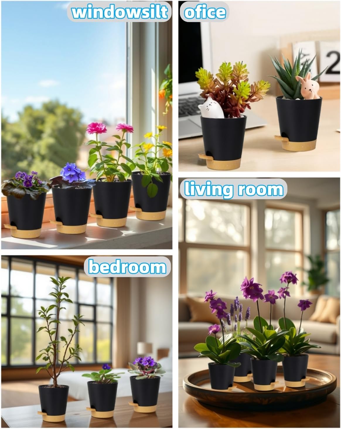 12 Pack 4 Inch Self Watering Plant Pots with Drainage and Saucers,Plastic Flower Pots for Indoor and Outdoor Plants, Nursery Planters for Houseplants and Herbs Black Brown, 4 inch 12pcs