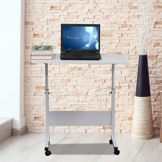 Portable Laptop Computer Desk Stand with Wheels, Rolling Sofa Side Snack Table, Height Adjustable Breakfast TV Tray Bedside Coffee, White L