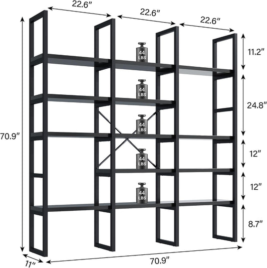 Large Bookshelf 5 Tiers, Triple Wide Geometric Bookcase, 71 Inches Tall Industrial Book Shelves Etagere Book Case, Sturdy Metal Frame, Freestanding Display Shelving Unit (Black)