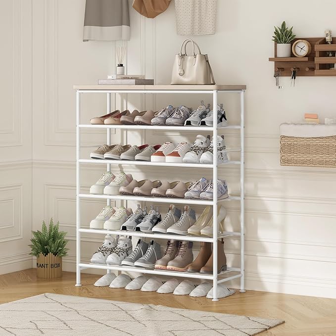 Shoe Rack Organizer 6 Tier for Closet Entryway Free Standing Metal Storage Shoe Shelf with MDF Top Board,White+Oak