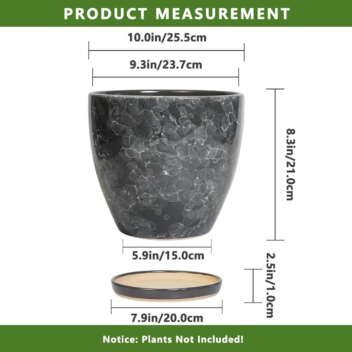 Ceramic Pots for Plants - 10 Inch Planter for Indoor Outdoor, Decorative Round Flower Pot with Drainage Hole and Saucer, Garden Patio Living Room Home Decor, Housewarming Gifts, Grey