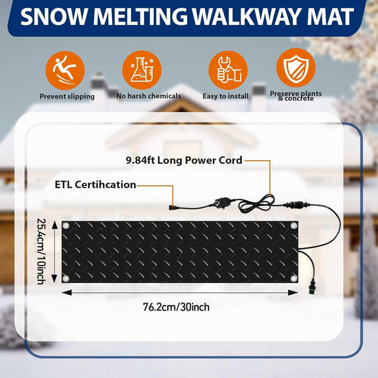 Riakrum 7 Pcs Heated Snow Melting Mats Outdoor, 10 x 30 in Winter Anti-Slip Heated Rubber Mat for Walkways Decks and Sidewalks, Snow and Ice Melting Pads Connection with 9.84 ft Power Cord