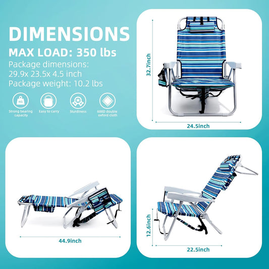 Yestomo Beach Chairs for Adults Heavy Duty, Compact Portable Lay Flat Folding Chair with Backpack Straps and Large Cooler Pouch, Support to 350LBS (2 Pack Stripes_Blue&Cyan)