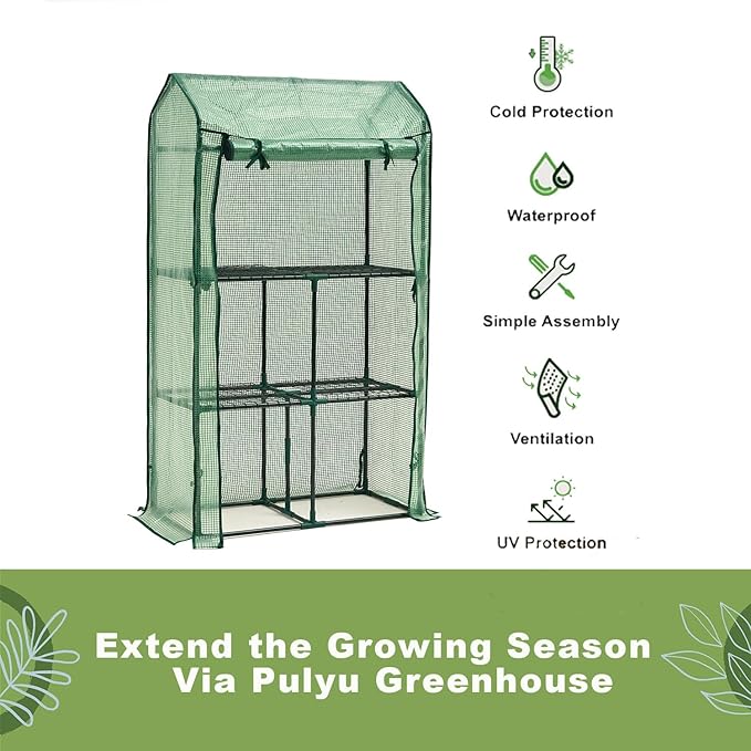Mini Greenhouse for Indoor Outdoor, Small Plastic Plant Green House Rack Stand Portable Greenhouses with Durable PE Cover for Seedling 60 "x 35"x 16",20 Pcs T-Type Plant Tags Include(PLGH4053G)