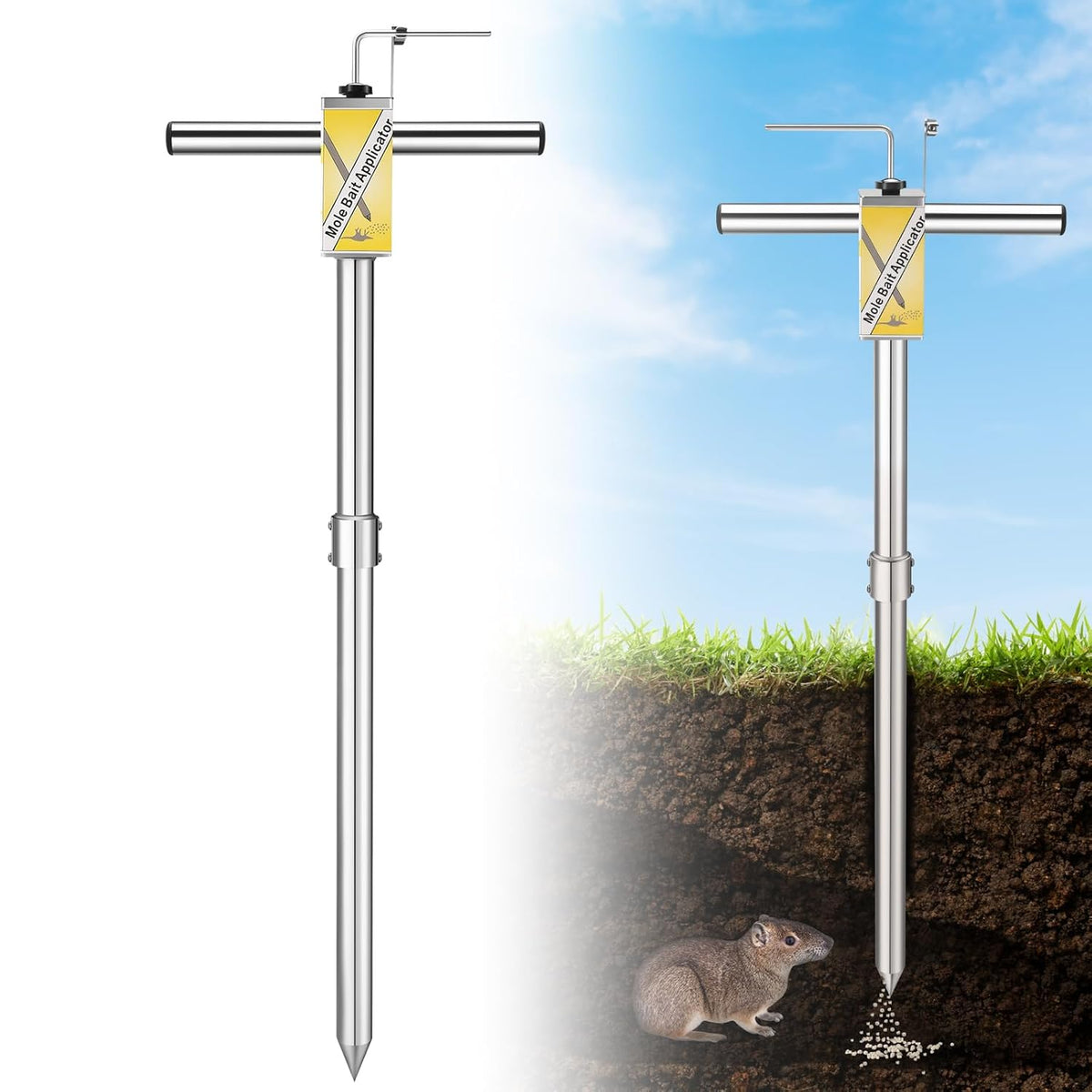 Gopher & Mole Bait Applicator, Stainless Steel Gopher/Mole/Vole Killer, Durable and Removable Gardening Pest Control Tool for Yard, Upgraded Non-Clogging Bait Outlet(Not Include Bait)