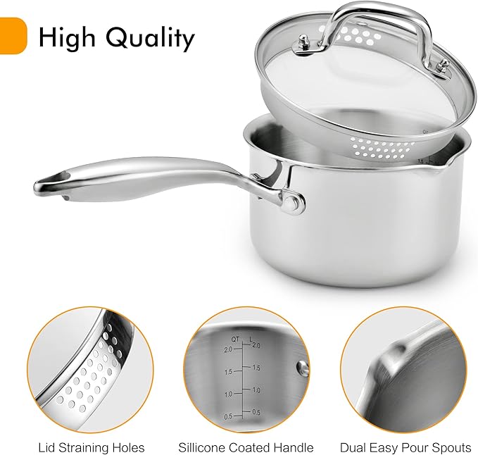 Stainless Steel Saucepan with Glass Lid, 2.0 Quart Multipurpose Sauce Pan, Sauce Pot with for Easy Pour with Ergonomic Handle