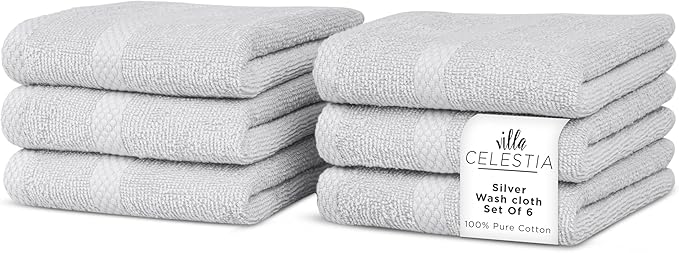 100% Cotton Wash Cloth for face & Body Set of 6, (12 x 12 inches) Sustainable, Soft, Highly Absorbent, Combed Cotton Wash Cloths Pack of 6 for Hotels, Spa, Bathroom, Dorm, Silver