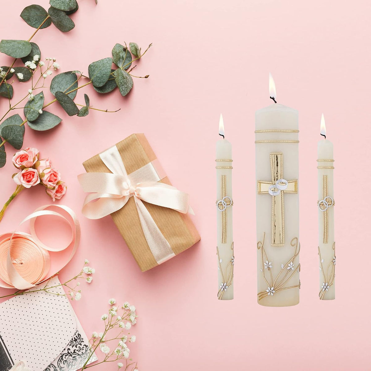 Needzo Wedding Unity Candle Set for Ceremonies, Gold Tone and Silver Toned Ornate Centerpiece Candles, 3 Pieces Included