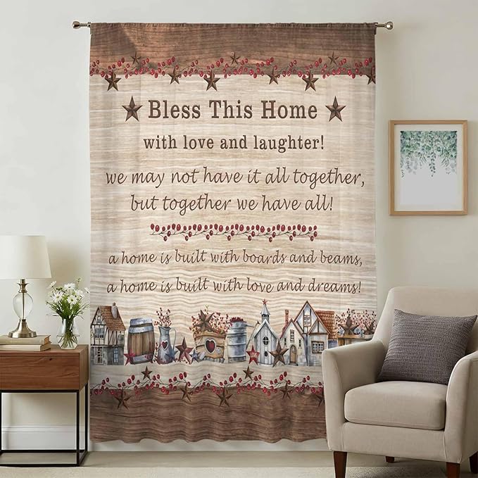 Farmhouse Sheer Curtains 72 Inch Length Brown Country Star Berry Vintage Wood Grain Chiffon Curtain for Bedroom Living Room Light Filtering Rod Pocket Window Treatments Voile Curtains Drapes
