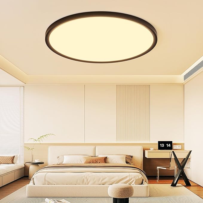 24 Inch Dimmable LED Ceiling Light Fixture, Ultra Thin Flush Mount, 48W 4800Lumen, 3 Color Changeable, Round, Black, for Dining Room, Living Room, Bedroom, Office, Hotel