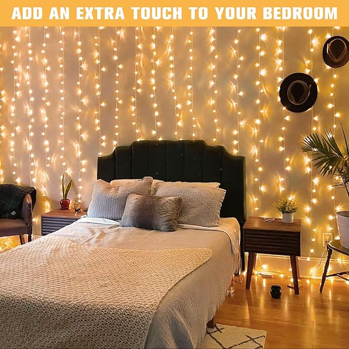 JMEXSUSS 600 LED Christmas Curtain Lights Outdoor, 9.5x19.6ft Christmas String Light Plug in with Remote, 8 Modes Wall Hanging Lights for Bedroom Party Backdrop Wedding Xmas Decor, Warm White