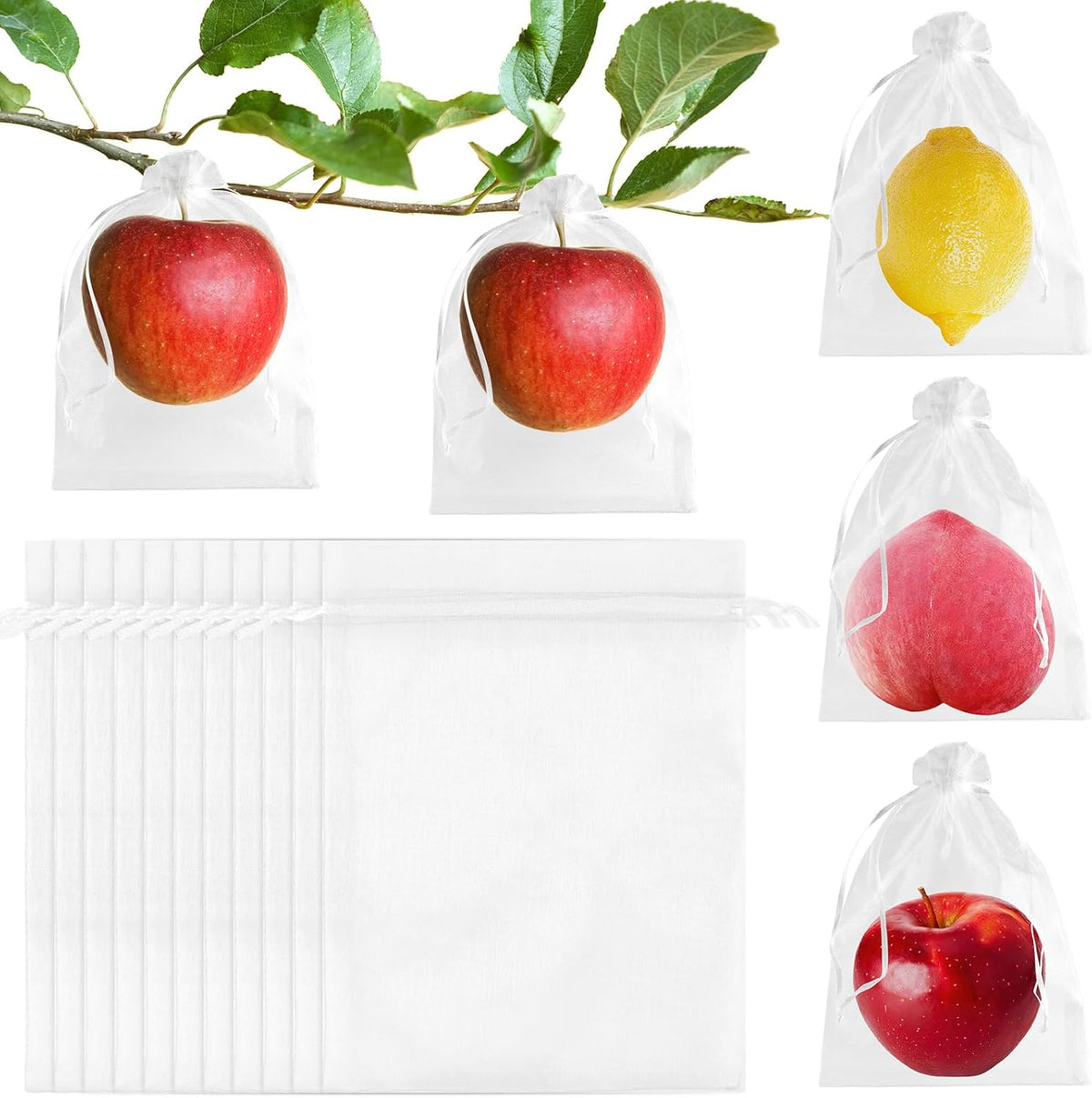 Morcheiong 120Pcs Fruit Protection Bags 6" x 8", Garden Netting Mesh Bags with Drawstring, Reusable Fruit Netting Bags for Fruit Trees (White)