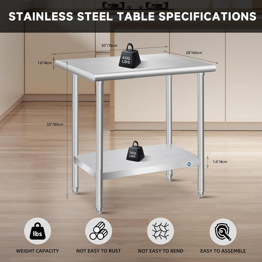 Stainless Steel Table Commercial Stainless Table for Prep & Work, 30 x 24 Inch Metal Table for Restaurant Garage Kitchen 24 x 30 Inch